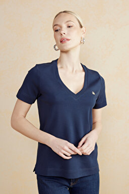 Gold Nakışlı V Yaka Basic Kadın T-shirt - Lacivert (görsel 2)