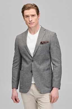 Slim Fit Mono Yaka Yün Pamuk Karışımlı Gri Erkek Ceket - Gri