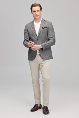 Slim Fit Mono Yaka Yün Pamuk Karışımlı Gri Erkek Ceket - Gri (görsel 4)