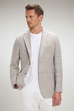 %100 Keten Mono Yaka Slim Fit Limited Edition Ceket - Bej Ekoseli (görsel 2)