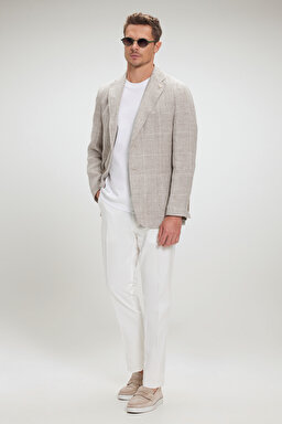 %100 Keten Mono Yaka Slim Fit Limited Edition Ceket - Bej Ekoseli (görsel 3)