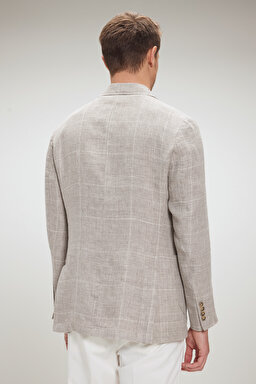 %100 Keten Mono Yaka Slim Fit Limited Edition Ceket - Bej Ekoseli (görsel 5)