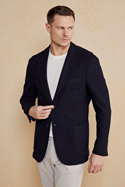 Yün Karışımlı Slim Fit Örme Ceket - Lacivert