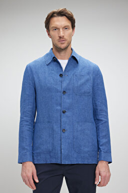 %100 Keten Overshirt İnce Ceket - Mavi