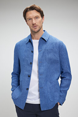 %100 Keten Overshirt İnce Ceket - Mavi (görsel 2)