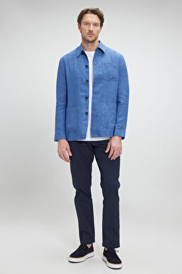%100 Keten Overshirt İnce Ceket - Mavi (görsel 3)