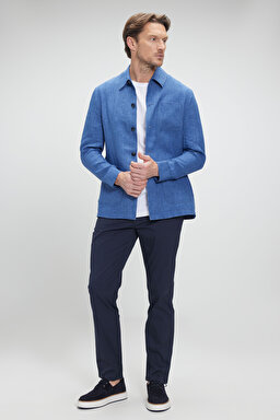 %100 Keten Overshirt İnce Ceket - Mavi (görsel 4)