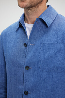 %100 Keten Overshirt İnce Ceket - Mavi (görsel 5)