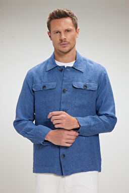 %100 Keten Overshirt İnce Ceket - Mavi (görsel 2)