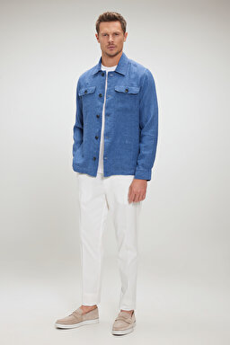 %100 Keten Overshirt İnce Ceket - Mavi (görsel 3)