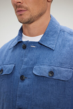 %100 Keten Overshirt İnce Ceket - Mavi (görsel 4)