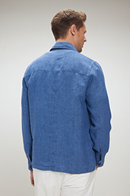 %100 Keten Overshirt İnce Ceket - Mavi (görsel 5)