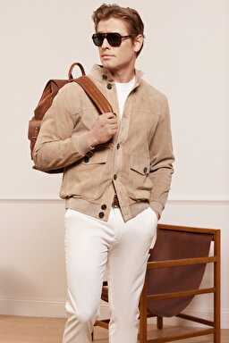 Dik Yaka Perfore Süet Mont - Bej (görsel 2)