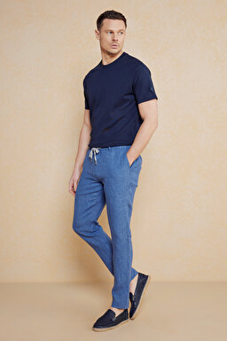 %100 Keten Cepli Jogger Pantolon - Mavi