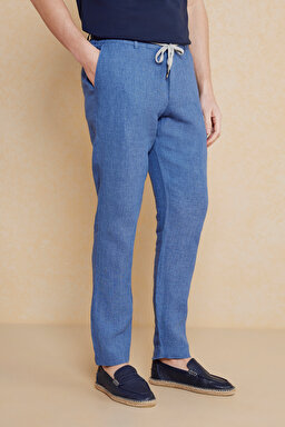%100 Keten Cepli Jogger Pantolon - Mavi (görsel 3)