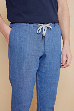%100 Keten Cepli Jogger Pantolon - Mavi (görsel 4)