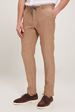 %100 Keten Cepli Jogger Pantolon - Bej (görsel 5)