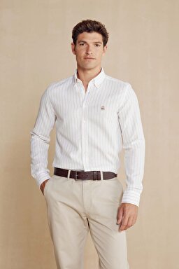 %100 Pamuk Düğmeli Yaka Slim Fit Gömlek - Ekru-Bej