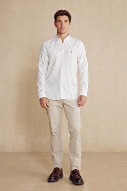 %100 Pamuk Düğmeli Yaka Slim Fit Gömlek - Ekru-Bej (görsel 3)
