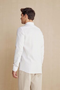 %100 Pamuk Düğmeli Yaka Slim Fit Gömlek - Ekru-Bej (görsel 5)