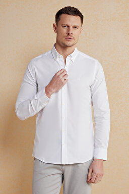 %100 Pamuk Düğmeli Yaka Slim Fit Gömlek - Beyaz
