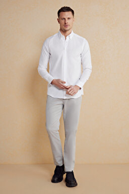 %100 Pamuk Düğmeli Yaka Slim Fit Gömlek - Beyaz (görsel 3)
