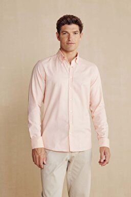 %100 Pamuk Düğmeli Yaka Slim Fit Gömlek - Turuncu (görsel 2)