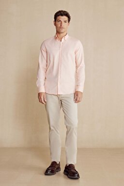 %100 Pamuk Düğmeli Yaka Slim Fit Gömlek - Turuncu (görsel 3)