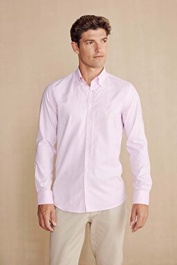 %100 Pamuk Düğmeli Yaka Slim Fit Gömlek - Pembe (görsel 2)