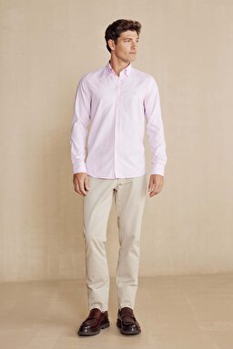 %100 Pamuk Düğmeli Yaka Slim Fit Gömlek - Pembe (görsel 3)