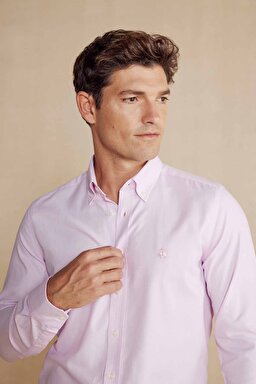 %100 Pamuk Düğmeli Yaka Slim Fit Gömlek - Pembe (görsel 4)