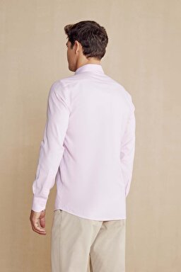 %100 Pamuk Düğmeli Yaka Slim Fit Gömlek - Pembe (görsel 5)