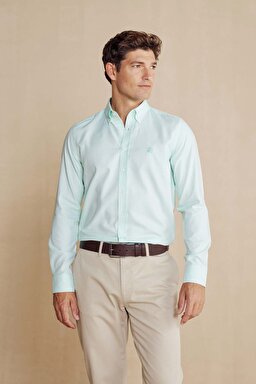 %100 Pamuk Düğmeli Yaka Slim Fit Gömlek - Mint