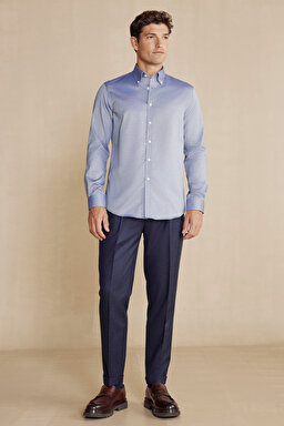 %100 Pamuk Düğmeli Yaka Slim Fit Gömlek - Lacivert