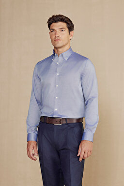 %100 Pamuk Düğmeli Yaka Slim Fit Gömlek - Lacivert (görsel 5)