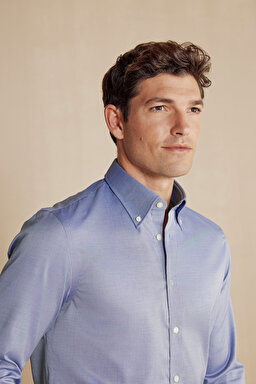 %100 Pamuk Düğmeli Yaka Slim Fit Gömlek - Lacivert (görsel 6)