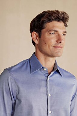 %100 Pamuk Klasik Yaka Slim Fit Gömlek - Lacivert (görsel 4)