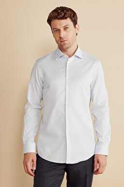 %100 Pamuk İtalyan Yaka Slim Fit Gömlek - Mavi Kareli