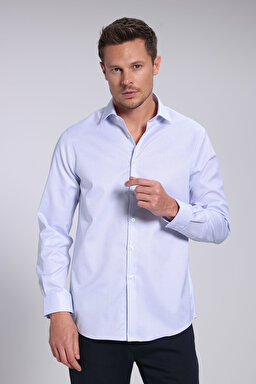 %100 Pamuk İtalyan Yaka Slim Fit Gömlek - Mavi Kareli (görsel 7)