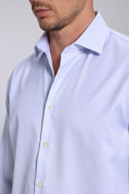 %100 Pamuk İtalyan Yaka Slim Fit Gömlek - Mavi Kareli (görsel 12)