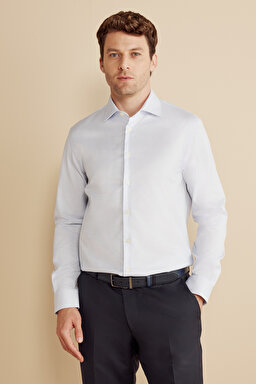 %100 Pamuk İtalyan Yaka Slim Fit Gömlek - Mavi Kareli (görsel 2)