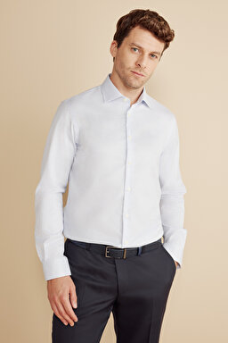 %100 Pamuk İtalyan Yaka Slim Fit Gömlek - Mavi Kareli (görsel 3)