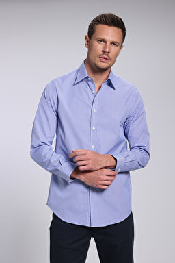 %100 Pamuk Slim Fit Klasik Yaka Gömlek - Lacivert-Beyaz Kareli