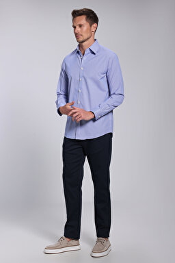 %100 Pamuk Slim Fit Klasik Yaka Gömlek - Lacivert-Beyaz Kareli (görsel 3)