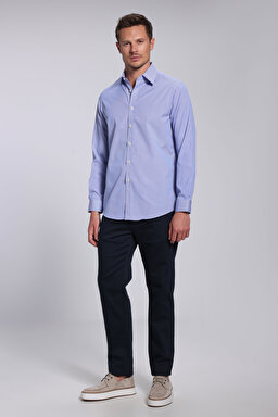 %100 Pamuk Slim Fit Klasik Yaka Gömlek - Lacivert-Beyaz Kareli (görsel 4)