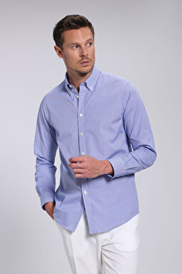 %100 Pamuk Düğmeli Yaka Slim Fit Gömlek - Mavi-Beyaz Kareli