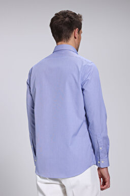%100 Pamuk Düğmeli Yaka Slim Fit Gömlek - Mavi-Beyaz Kareli (görsel 6)