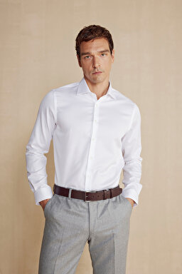 %100 Pamuk İtalyan Yaka Slim Fit Gömlek - Beyaz