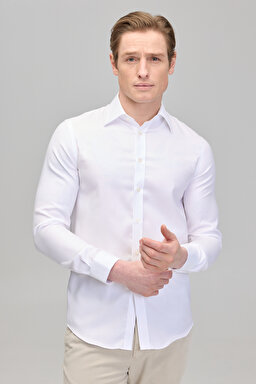 %100 Pamuk Slim Fit Klasik Yaka Basic Erkek Gömlek - Beyaz (görsel 2)
