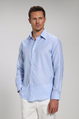 %100 Pamuk Klasik Yaka Slim Fit Gömlek - Mavi (görsel 8)